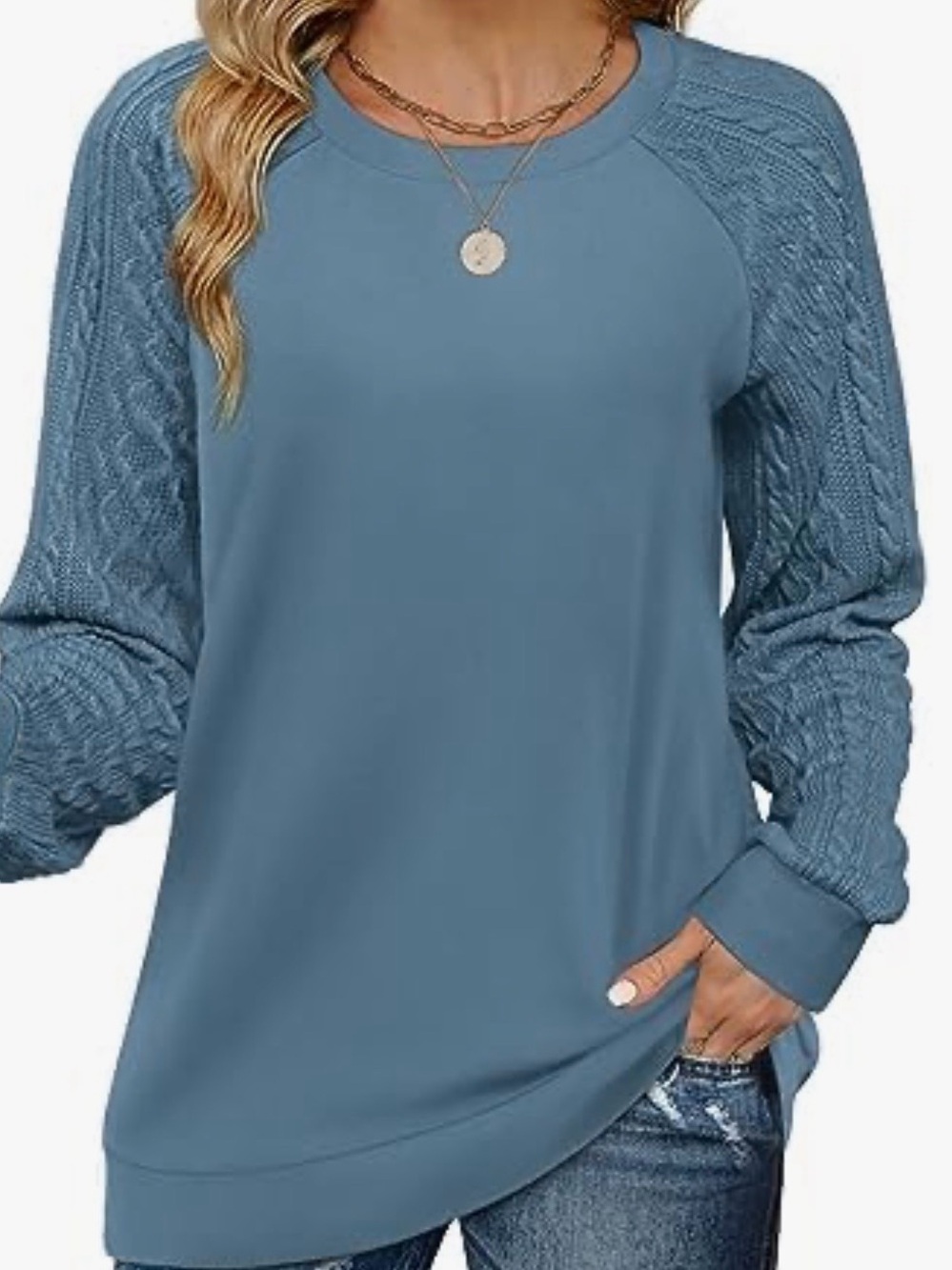 Amazon Women's Dusty Blue Cable Knit Raglan Pullover